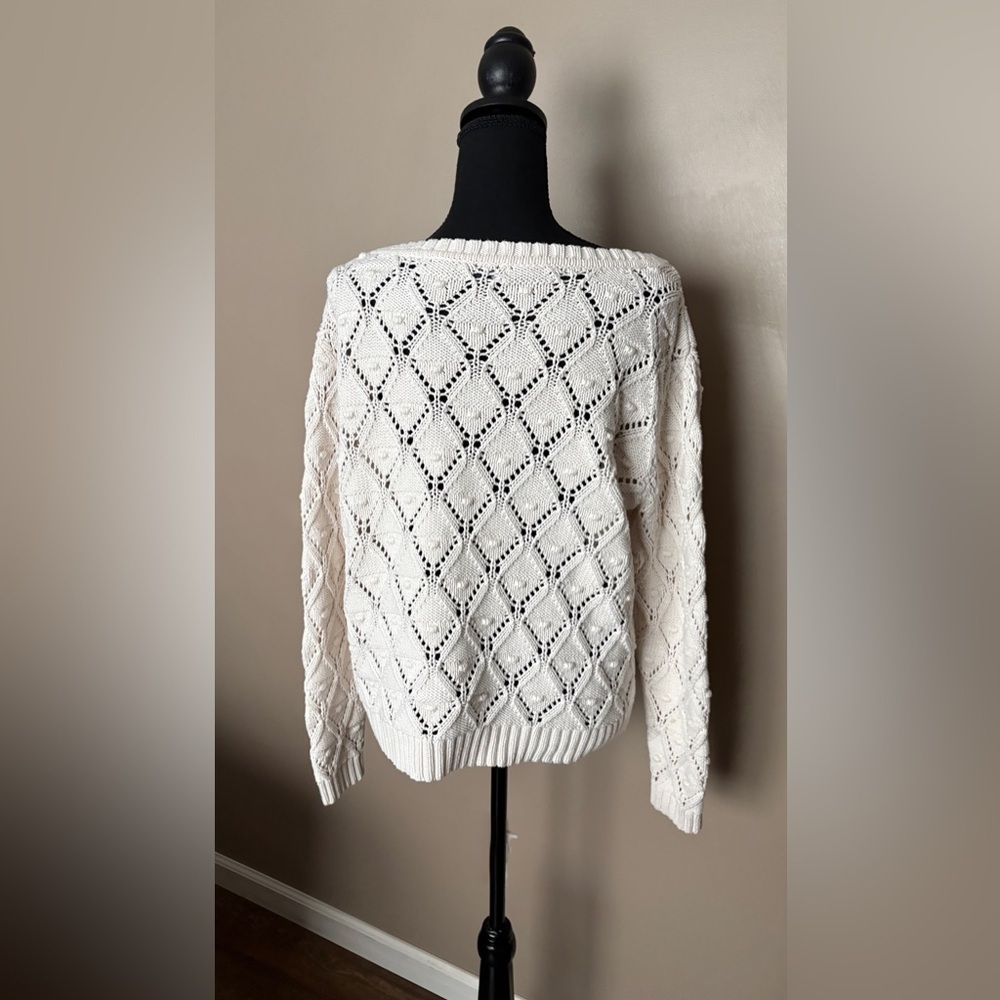 TOMMY HILFIGER ivory crochet open knit sweater sz XL cottagecore chunky Pom Pom - Picture 3 of 16